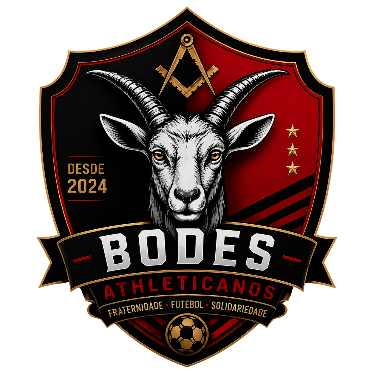 Escudo oficial dos Bodes Athleticanos com cabeça de bode, faixa e bola dourada